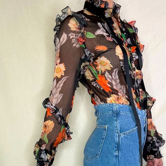 Jade & Cloud Sheer Button up Floral, Ruffle Black Bodysuit,  Size Small - Picture 12 of 15